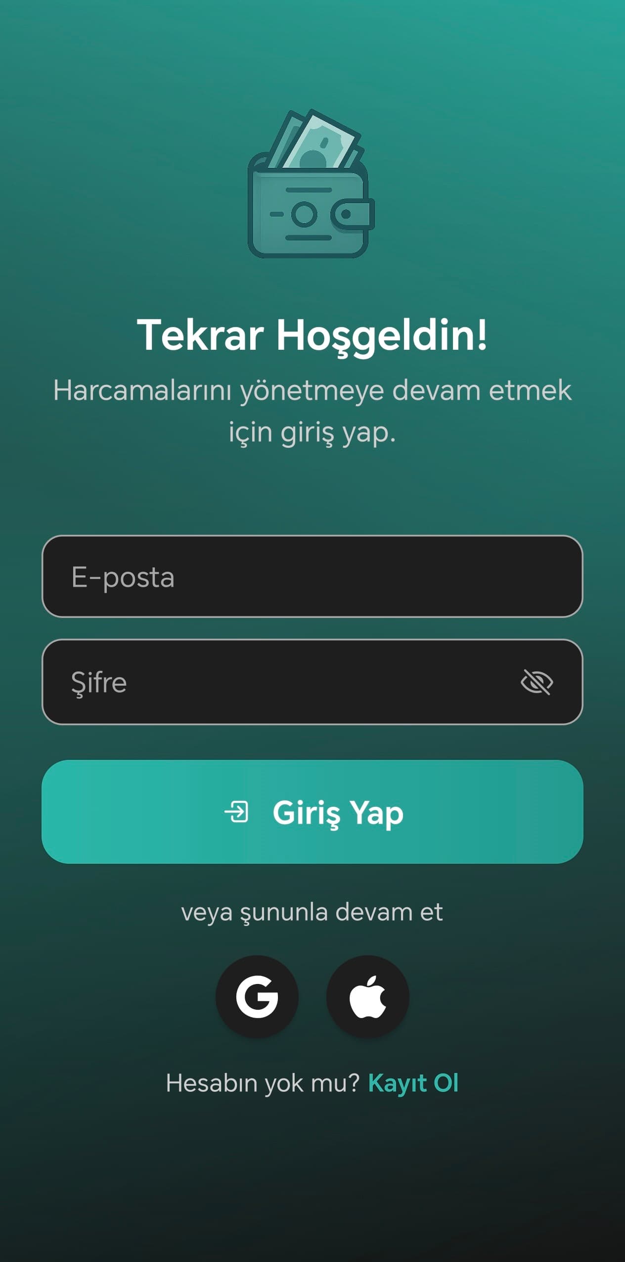 Fynantica mobil uygulama giriş ekranı